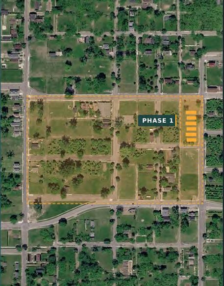 Aerial view of the East Woods assemblage with Phase 1 marked