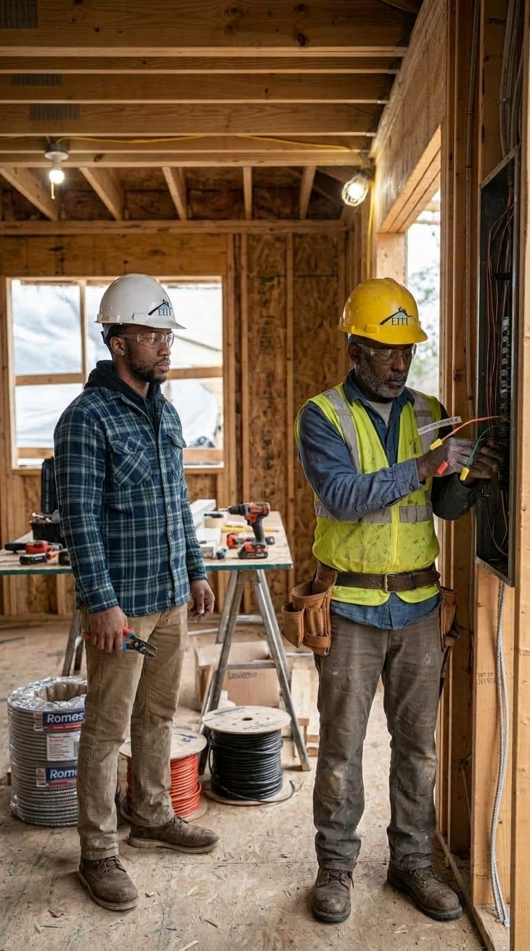 An EITI graduate working alongside an experienced electrician on site